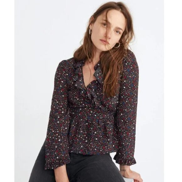 Madewell 100% Silk Ruffle-Hem Wrap Top in Starry Night Women's XS - Picture 1 of 11